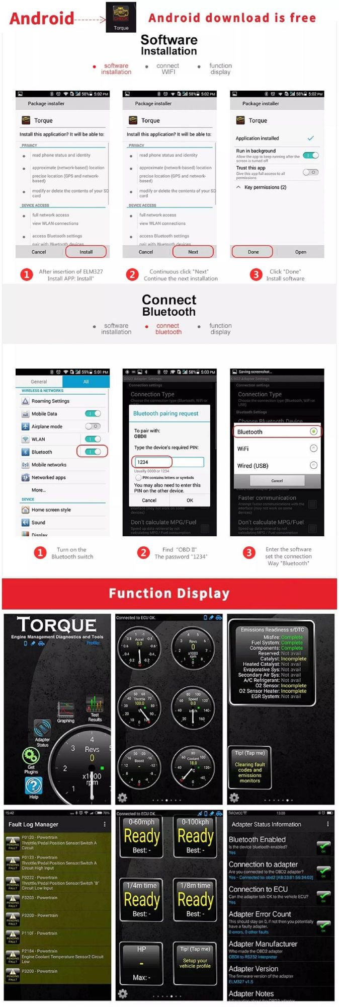 Free for Turque Universal Car Diagnostic Scanner with Bluetooth 3.0 OBD