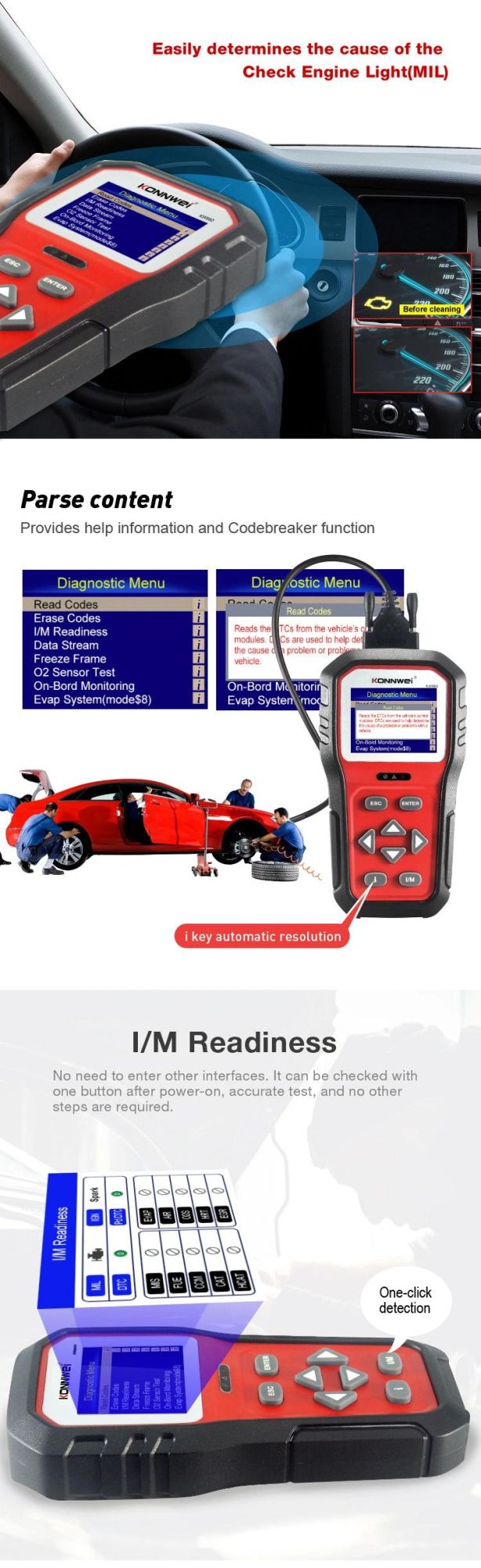 Konnwei Kw860 OBD2 Scanner OBD2 Car Diagnostic Auto Diagnostic Scan Tool Read & Clear Fault Error Codes OBD2 Automotive Scanner