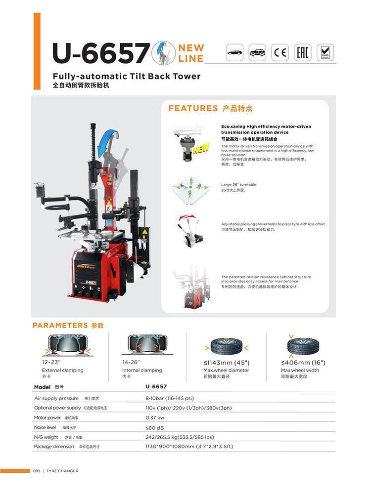 Unite Tilting Back Tire Changer with Dual Help Arm System Tyre Repair Machine U-6657