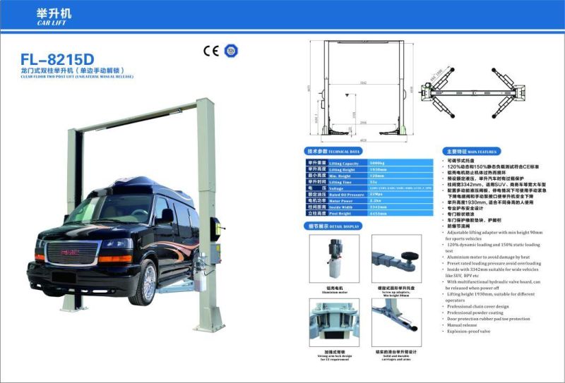 8215e 5000kg American Gate Clear Floor Two Post Lift Hydrau Hoist for Automobile Vehicles, Garage, Workshop