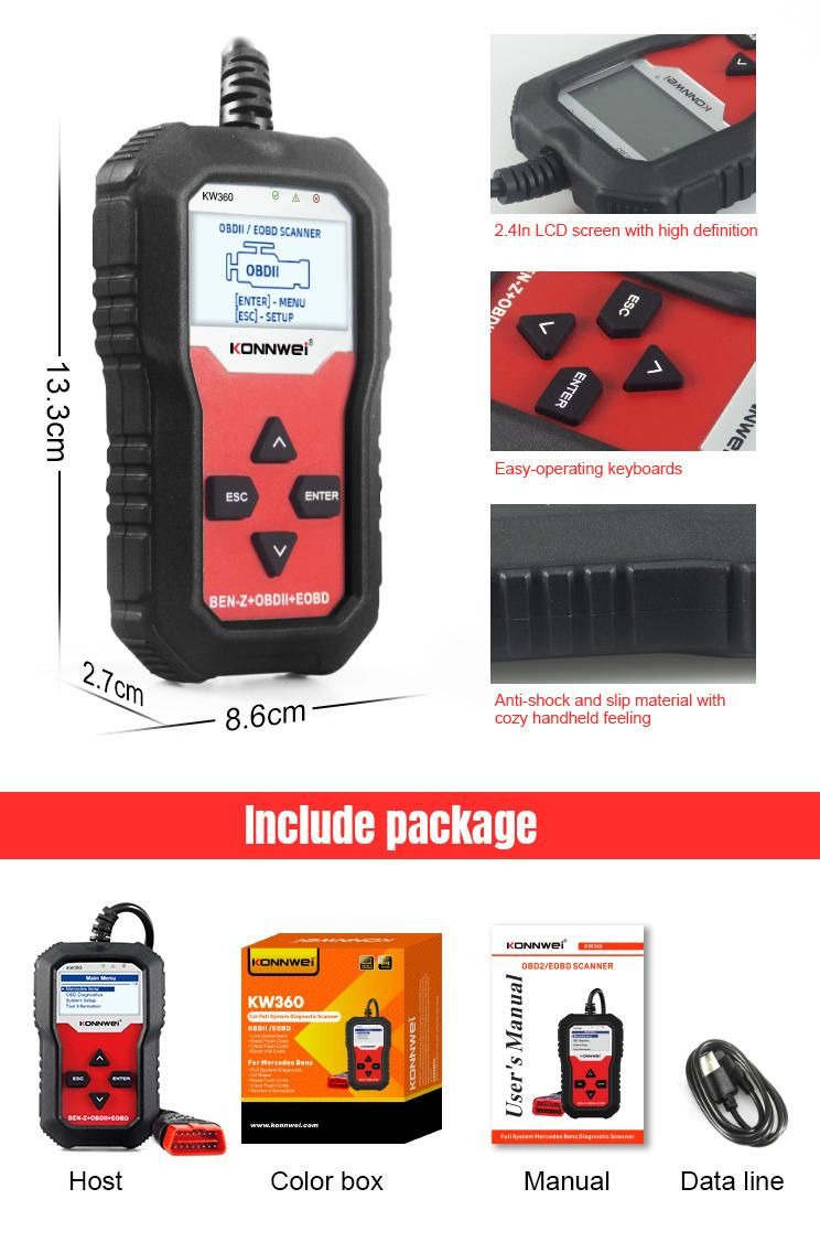 Konnwei Kw360 OBD2 Code Reader Mercedes-Benz Dedicated All System Engine ABS Brake Oil Reset Car Diagnostic Scanner Tool