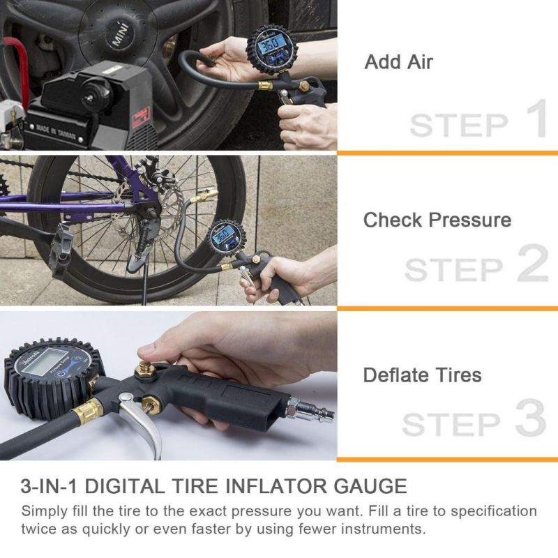 Digital Air Tire Inflator Pressure Gauge with Chuck Hose