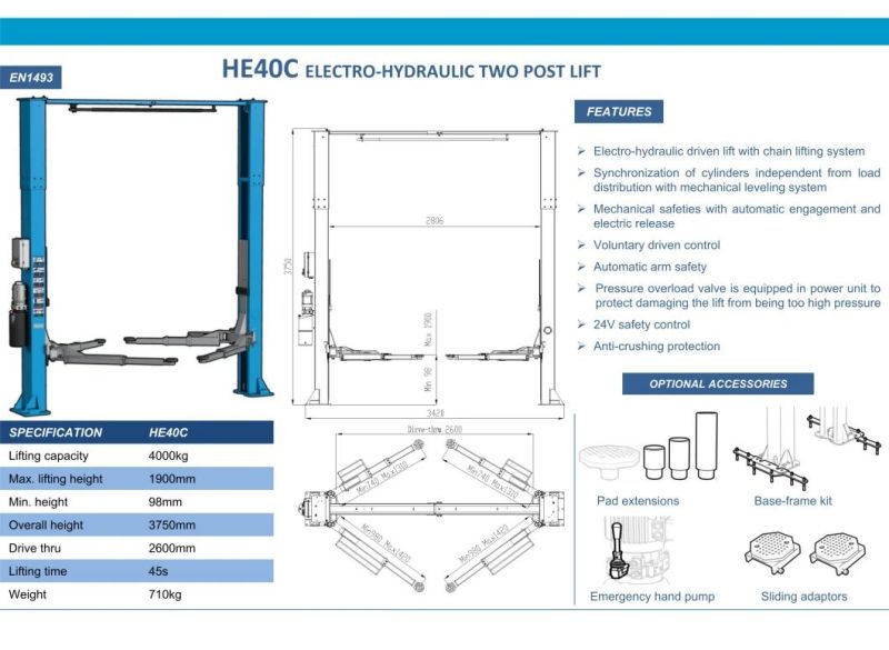 2 Post Design Gantry Car Lift / Car Hoist/ Hydraulic Car Lift with One-Side Manual Release