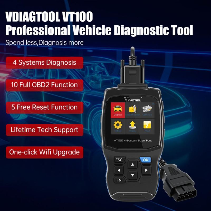 Vdiagtool Vt100 OBD2 Diagnostic Scan Tools Automotive Code Reader OBD 2 Scanner with 5 Special Service Resets Function ABS SRS