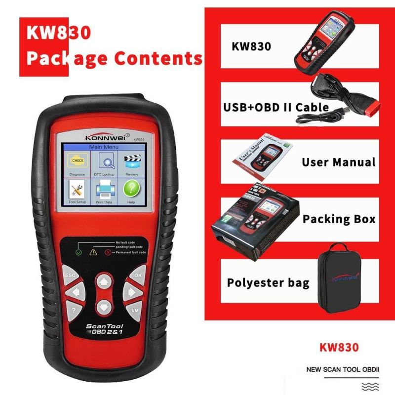 Konnwei Kw830 Odb2 Car Diagnostic Scanner for Car After 1996 Universal Auto OBD2 Eobd Fault Error Code Reader Support 12V Battery Detect
