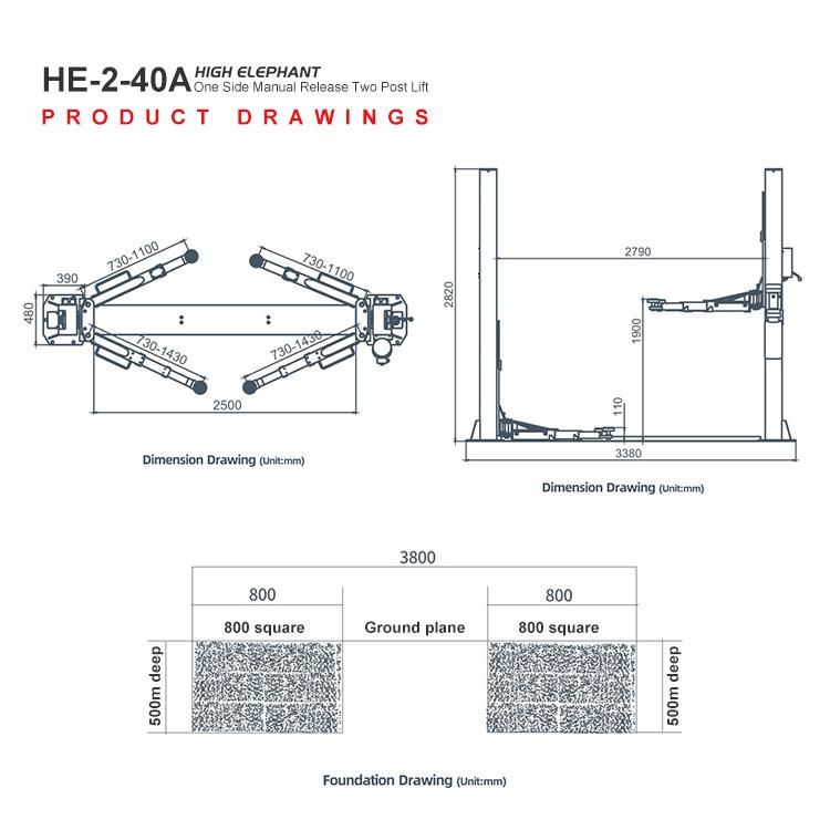 Garage Equipment Two Post Lift Adjustable Width and Height One Side Manual Release