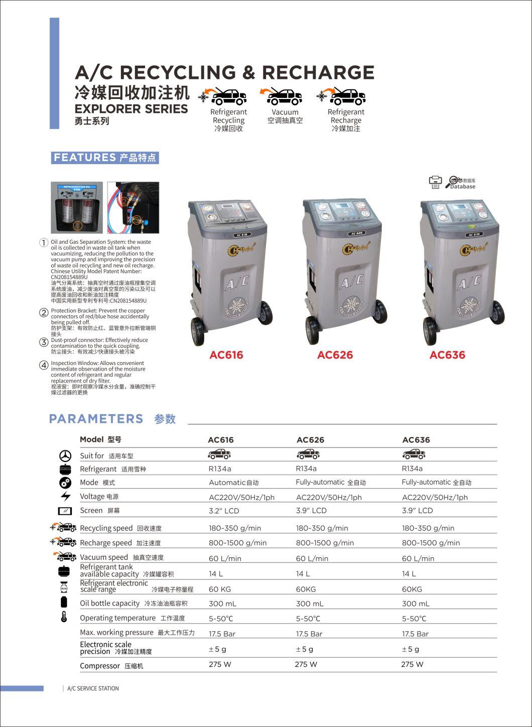 A/C Recovery Machine AC636 A/C Recycling & Recharger R-134A Refrigerant Recovery, Recycling and Recharging Machine
