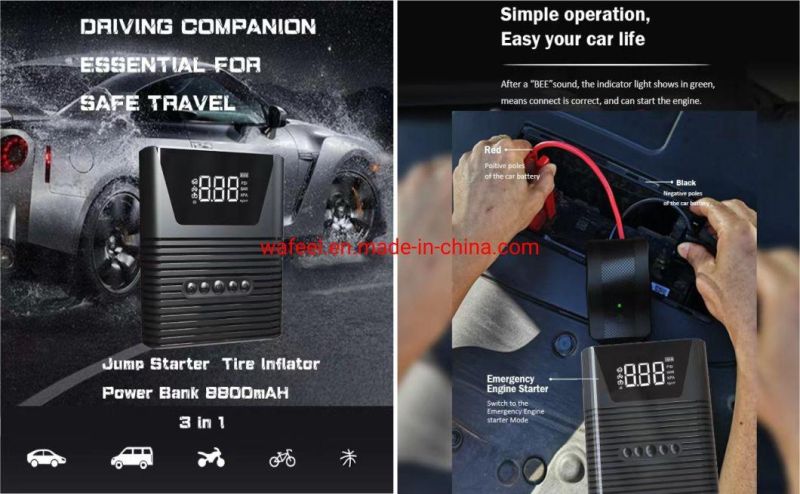 LED Light Digital Power Bank 8800mAh, Portable Car Jump Starter with Air Compressor Max 150psi