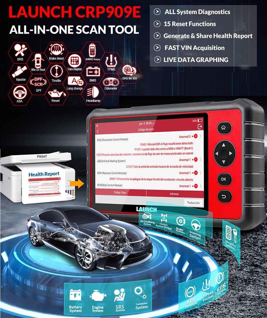 Launch X431 Crp909e Full System Car Diagnostic Tool with 15 Reset Service Pk Mk808 Crp909