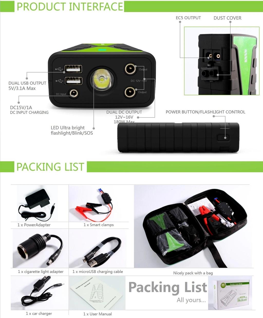 Portable Power Booster Car Battery Jump Starter 16800mAh 800A