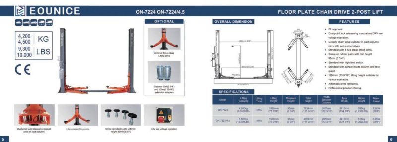 on-7224/4.5 Two Side Manual Release and Dual Chain Drive Cylinders Base Plate 2 Post Car Lift