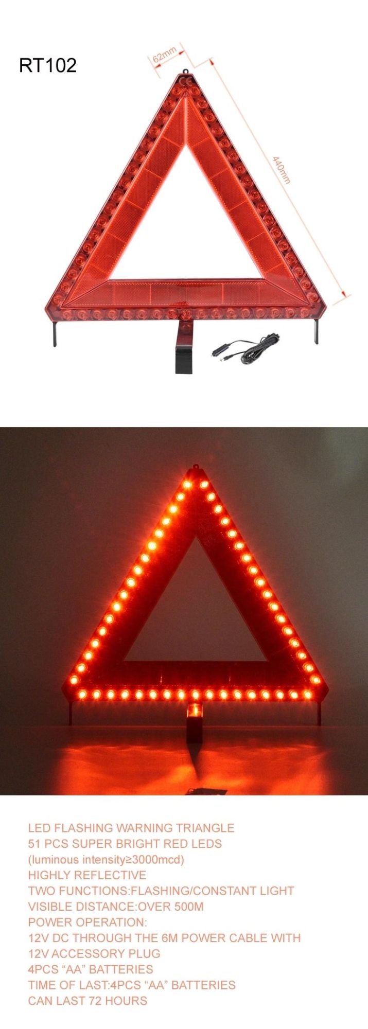 51PCS LED Light Warning Triangle Flashing/Constant Light Accessory Plug/Batteries LED Warning Triangle