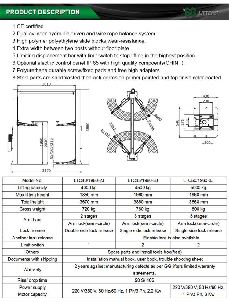 Hydraulic heavy vehicle lift two post car lift