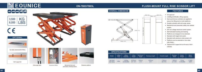 3.5t Full Rise Scissor Lift Stationary Hoist in Ground Mounted for Automobile Garage Workshop Repair Use