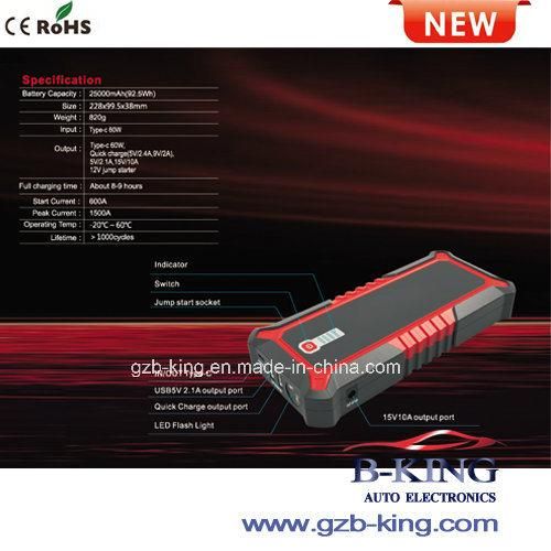 25000mAh Quick Charge Type C (Pd60W max) Portable Car Jump Starter Power Bank