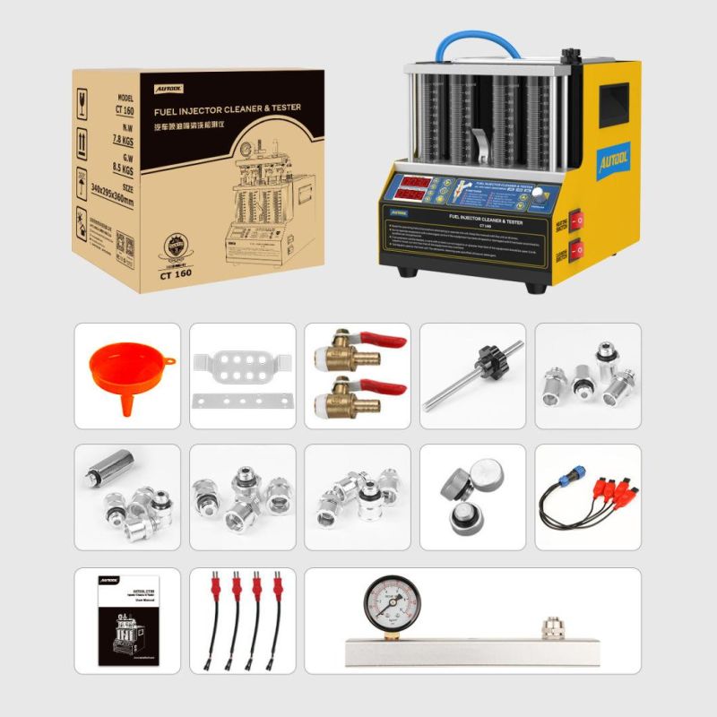 Autool CT160 220V/110V 4-Cylinderscar Fuel Injector Flushing Nozzles Fuel Injector Tester Ultrasound Heating Cleaning Injectors Motorcycle