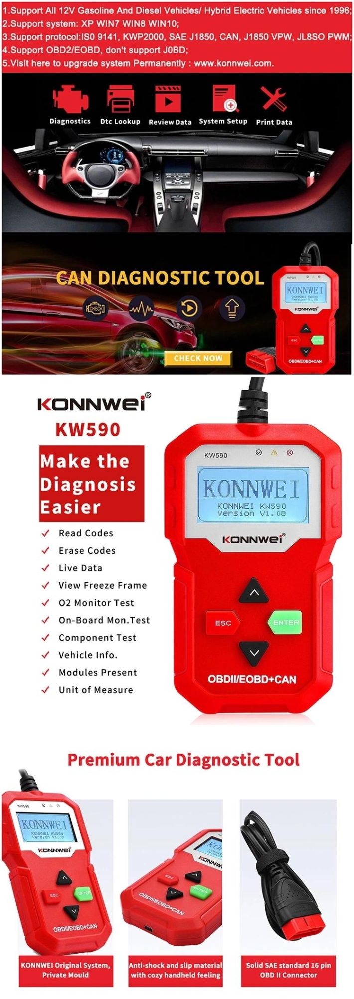 2.4 Inch Screen Konnwei Universal Auto Diagnostic Tool OBD2 with Printer