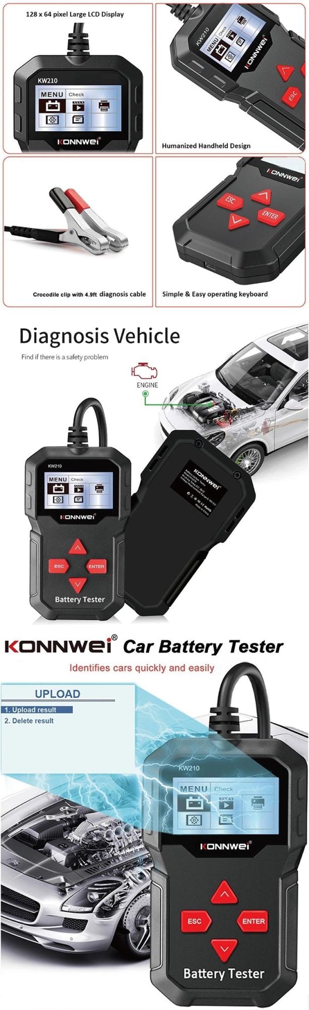 2.4 Inch B&W Screen Konnwei Auto Diagnostic Digital Battery Analyzer with Printer