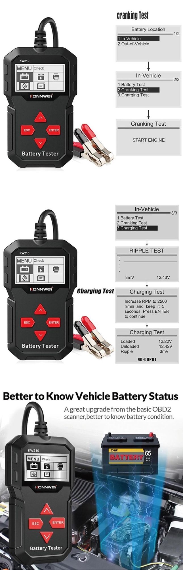 Konnwei 2.4 Inch Battery Test Tool Analyzer for All 12V Cars with Data Print Function