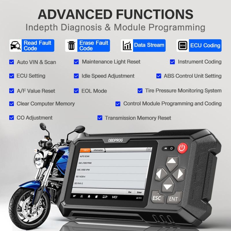 Obdprog Moto 100 All System Motor Diagnostic Tool Engine ECU Coding ABS a/F Adjust TPMS Epb Auto Motorcycle Analysis Scanner