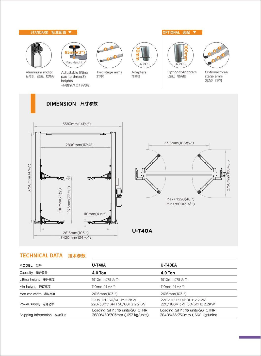 Unite U-T40A Hydraulic 2 Two Post Car Lift 9000lbs Clearfloor Asymmetric 4.0ton 2 Post Car Lift CE Certified