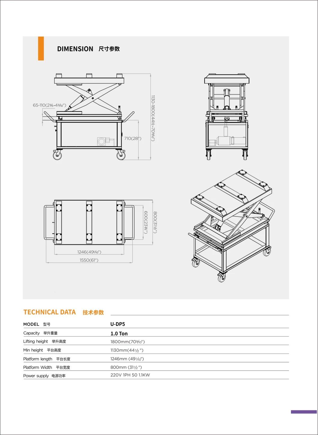 1 T Capacity U-Dp5 Capacity EV Battery and Powertrain Lift Table for Home Garage Electric Auto Scissor Car Lift Electric Hydraulic Lifting Table