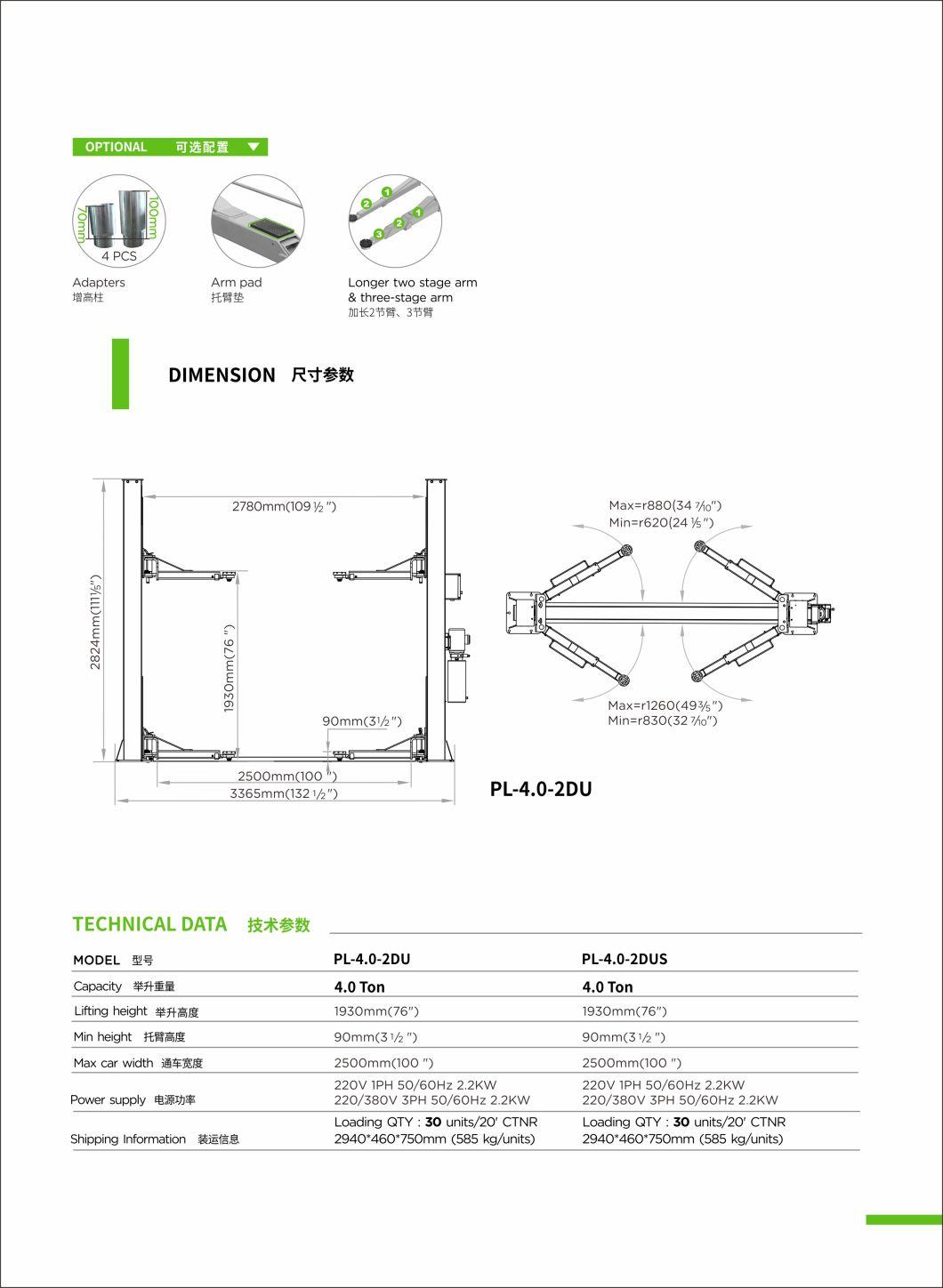 Cheap Low Ceiling Baseplate Model Two-Post Vehicle Lift Pl-4.0-2dus