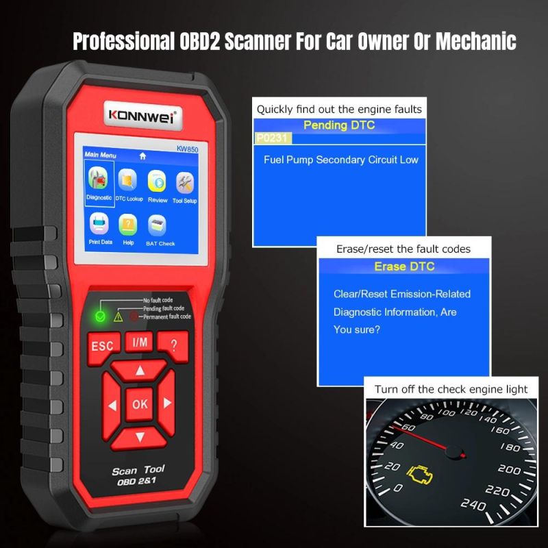 Konnwei Kw850 Professional OBD2 Scanner Automotive Code Reader OBD II & Eobd Code Scanner Auto Diagnostic Tool for All Car After 1996