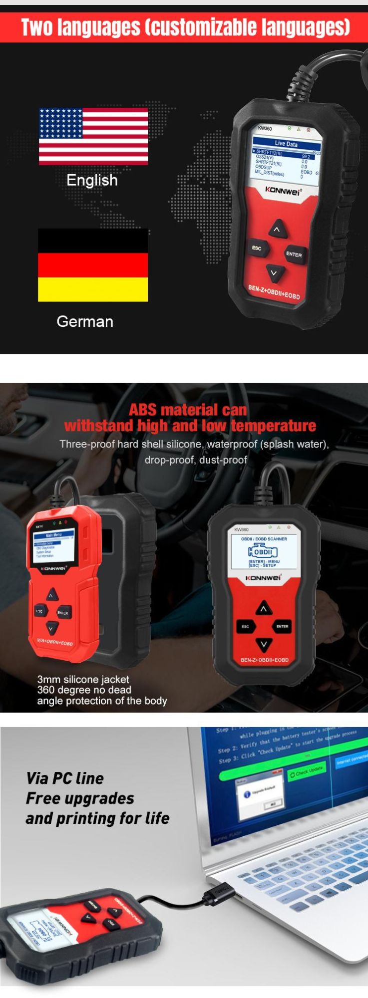 Konnwei Kw360 OBD2 Code Reader Mercedes-Benz Dedicated All System Engine ABS Brake Oil Reset Car Diagnostic Scanner Tool