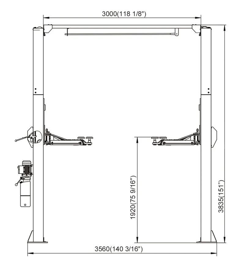 on-7214dt/4.5 Clearfloor 2 Post Lifts -One Side Manual Release and Dual Direct Drive Cylinders.