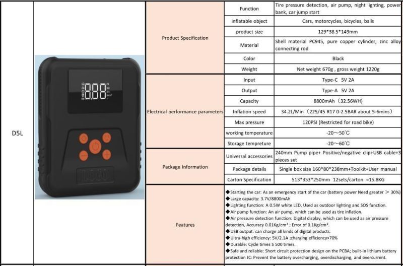 Car Jump Starter Tyre Inflator 8800mAh Power Bank Bike Balls Pump Motorbike Air Compressor