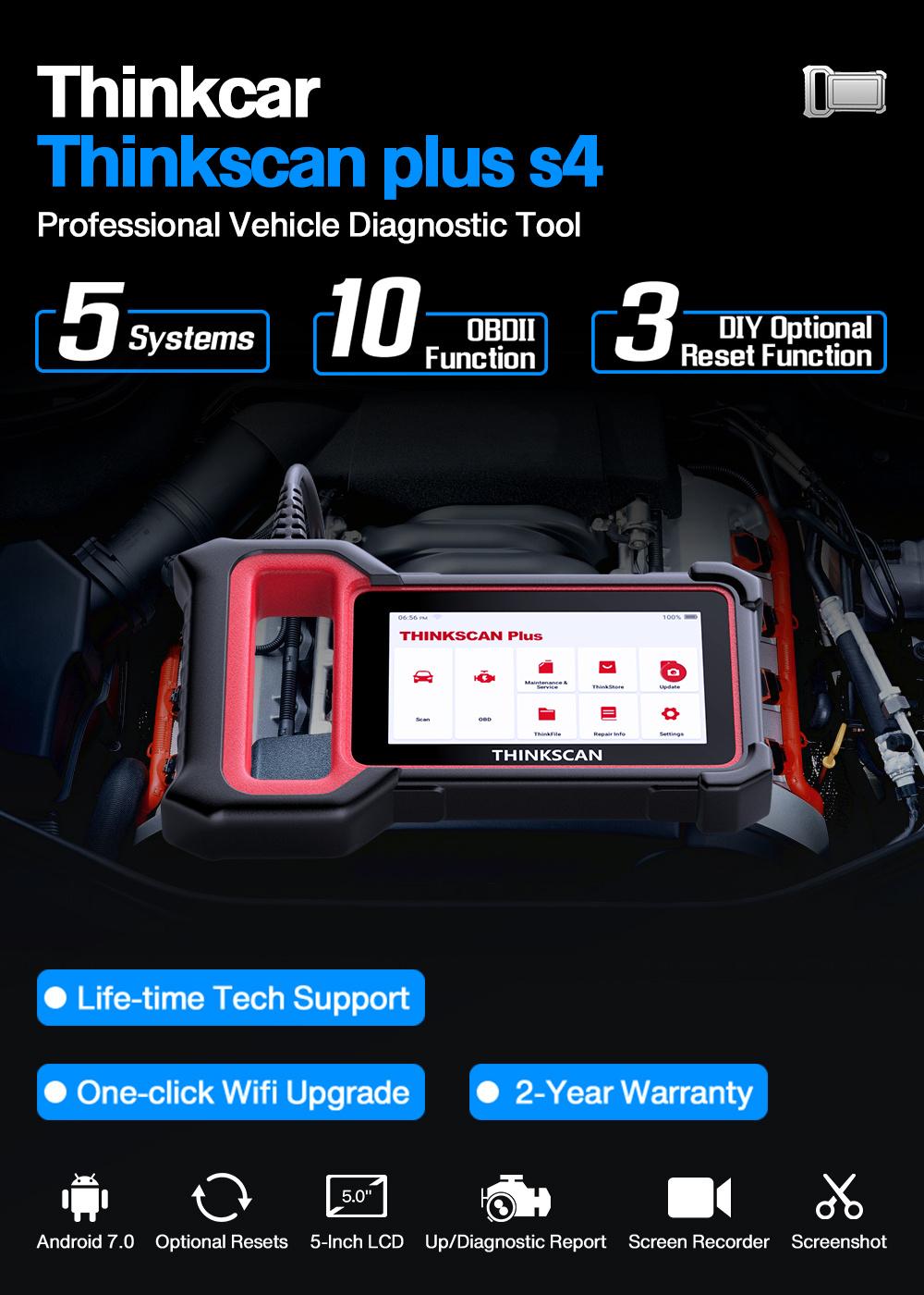 Thinkcar Thinkscan Plus S4 Lifetime Free Optional 3 Reset Car Diagnostic Tool Ecm/Tcm/ABS/SRS/Bcm System OBD2 Auto Scanner