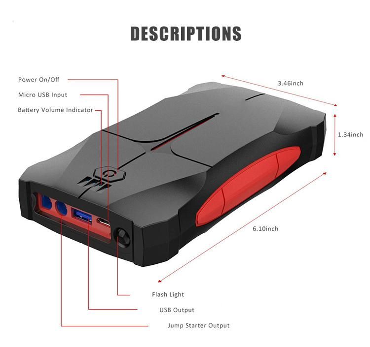 Waterproof Rugged Portable Lithium Vehicle Jump Box Pack 600A Peak Current Car Jump Starter