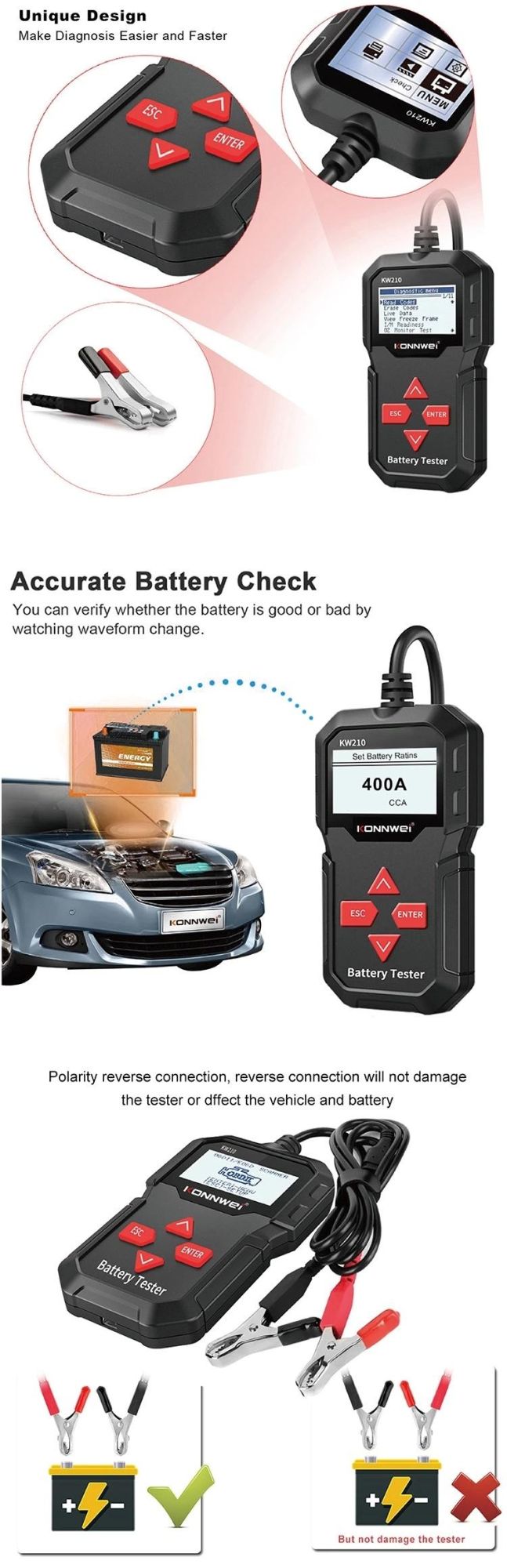 Konnwei 2.4 Inch Battery Test Tool Analyzer for All 12V Cars with Data Print Function