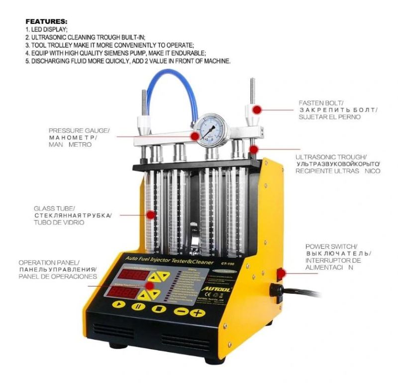 Autool CT-200 Automotive 6 Cylinder Ultrasonic Wave Fuel Injector Cleaner and Tester Automotive Fuel Cleaning Tools 110V/220V