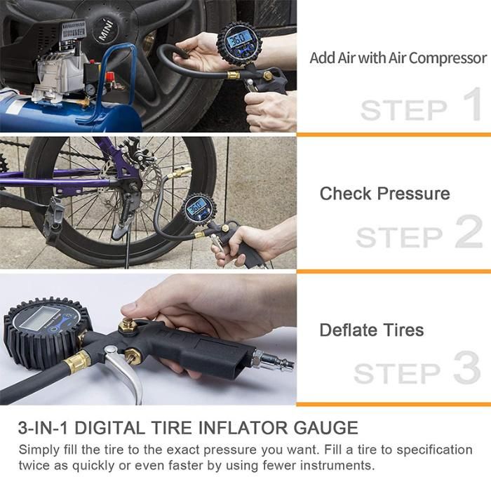 Accurate Portable Digital Car Tire Deflator Gun Digital Tire Pressure Gauge 250 Psi with Backlit LCD Display Tire Inflator Gun