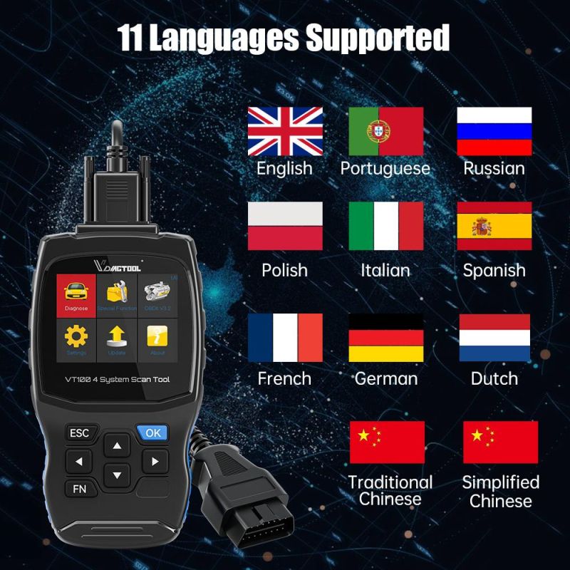 Vdiagtool Vt100 OBD2 Diagnostic Scan Tools Automotive Code Reader OBD 2 Scanner with 5 Special Service Resets Function ABS SRS