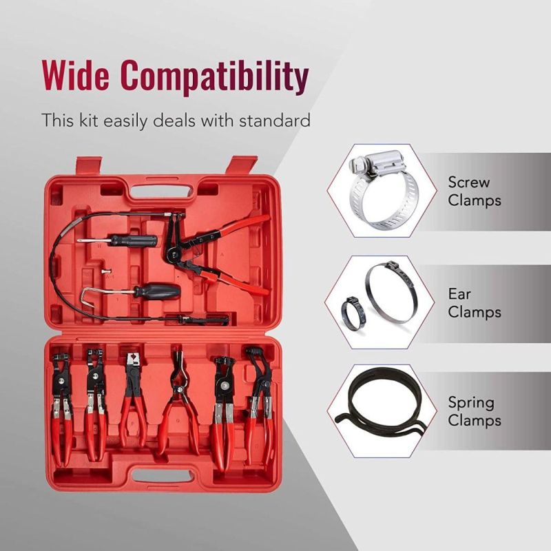 Wire Long Reach Hose Clamp Pliers Set with 9PCS Clamp Pliers Fuel Oil Water Hose Auto Tools Part for Replacement of Fuel, Oil and Water Hose, Removal and Locki