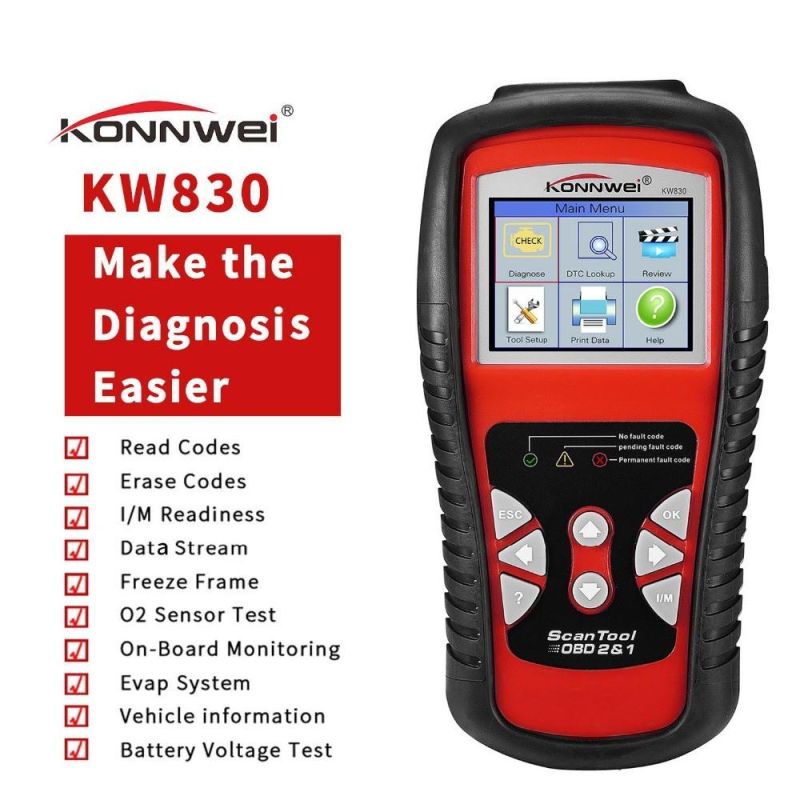 Konnwei Kw830 Odb2 Car Diagnostic Scanner for Car After 1996 Universal Auto OBD2 Eobd Fault Error Code Reader Support 12V Battery Detect