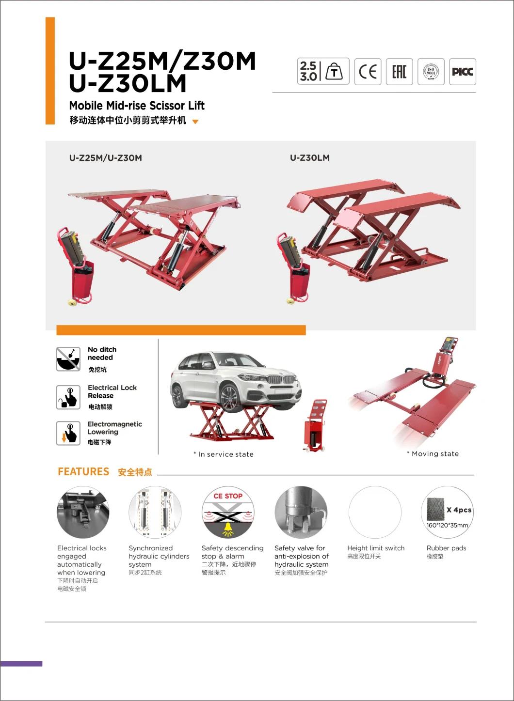 Car Scissor Lift Table 3.0 T Capacity U-Z30m Mobile MID-Rise Scissor Lift for Garage Equipment