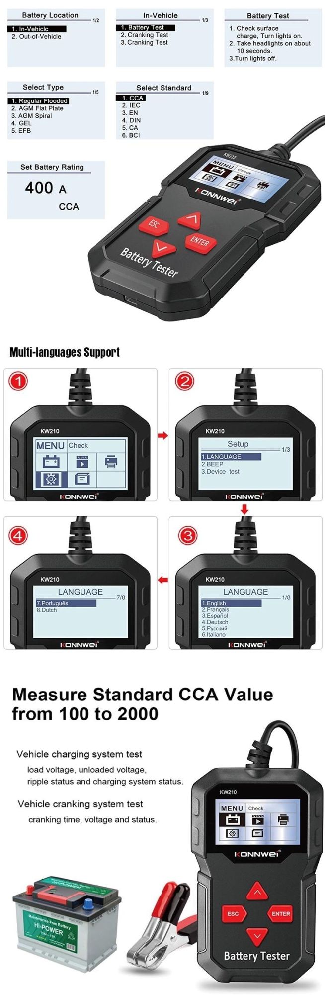 Konnwei 2.4 Inch Battery Test Tool Analyzer for All 12V Cars with Data Print Function