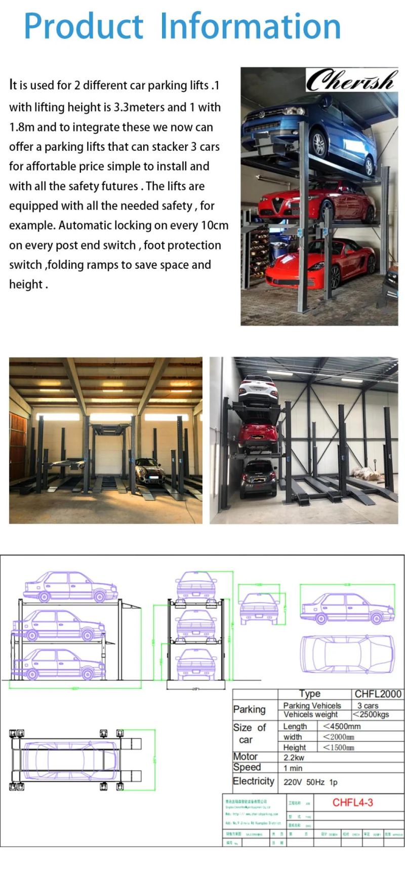 Double 4 Post Triple Stacker Parking Lift for 3 Cars