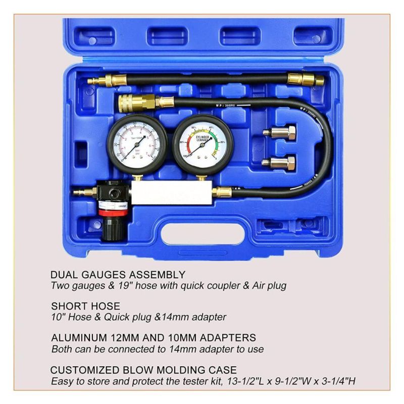 Viktec Professional Dual Pressure Gauges Engine Compression 5PC Cylinder Leak Down Tester for Car Truck Motorcycle