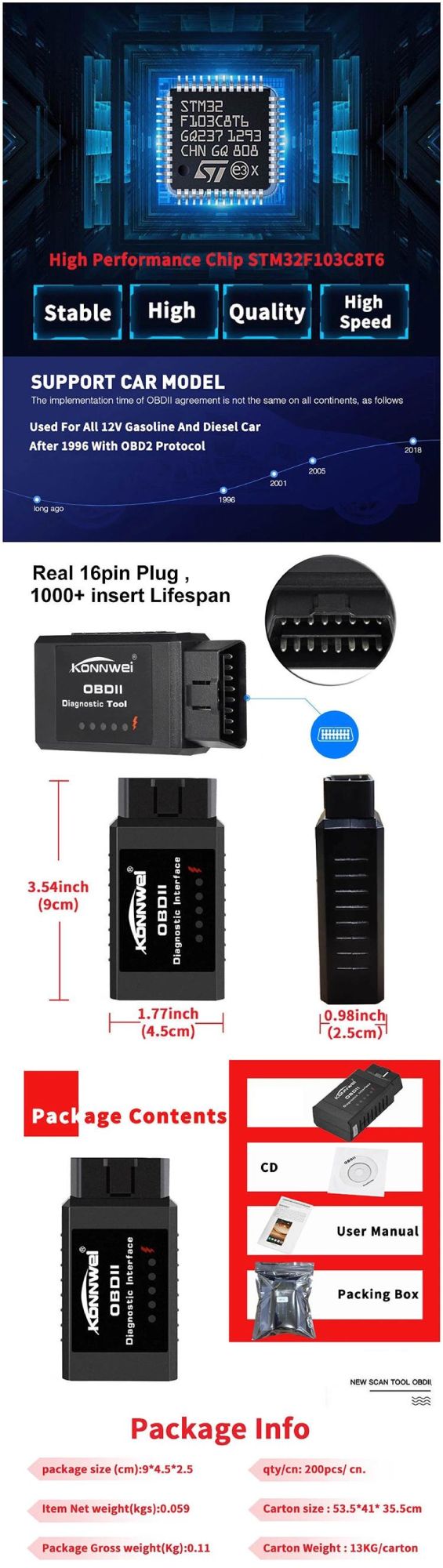 Konnwei 910 Auto Diagnostic Tool Universal with Bluetooth Logo OBD2 Suitable for 12V Vehicles