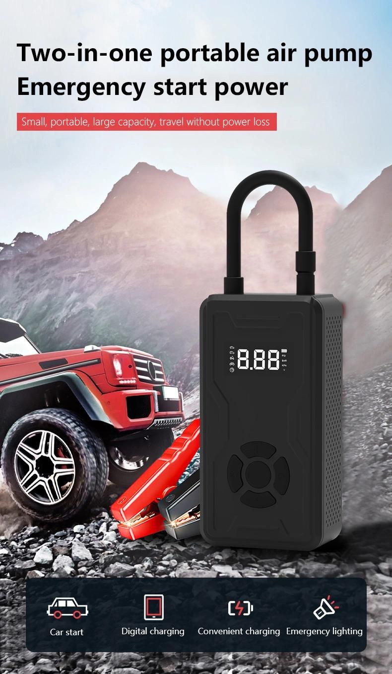 Two-in-One Portable Air Pump and Emergency Start Power with Precise Digital Screen Display, Tire Pump for Bike Motorcycle Tires Ball