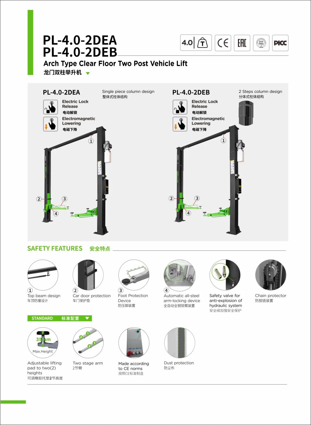 Puli 4t/8840lbs Electric Two Post Car Lift Arch Clear Floor Plate Car Jack Garage Equipment Hydraulic Lift on Sale Pl-4.0-2deb