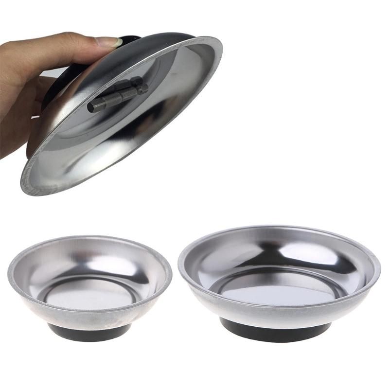 Stainless Steel Garage Holder Tool Organizer Round Magnetic Parts Tray Bowl Dish