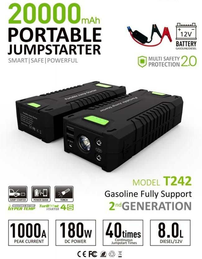 1000A Peak 20000mAh/3.7V Portable Jump Starter for Engines up to All Gasoline & 8.0L Diesel