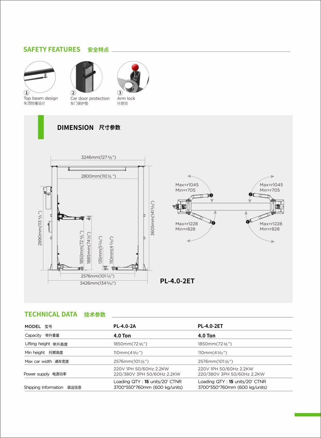 Puli Two Post Hydraulic Car Lift Two Post Clear Floor Vehicle Lifts for Car Reapir Shop Pl-4.0-2A