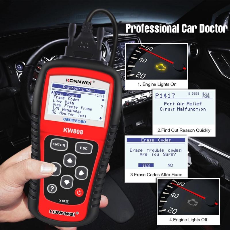 Konnwei Kw808 OBD Car Scanner OBD2 Auto Automotive Diagnostic Scanner Tool Supports Can J1850 Engine Fualt Code Reader